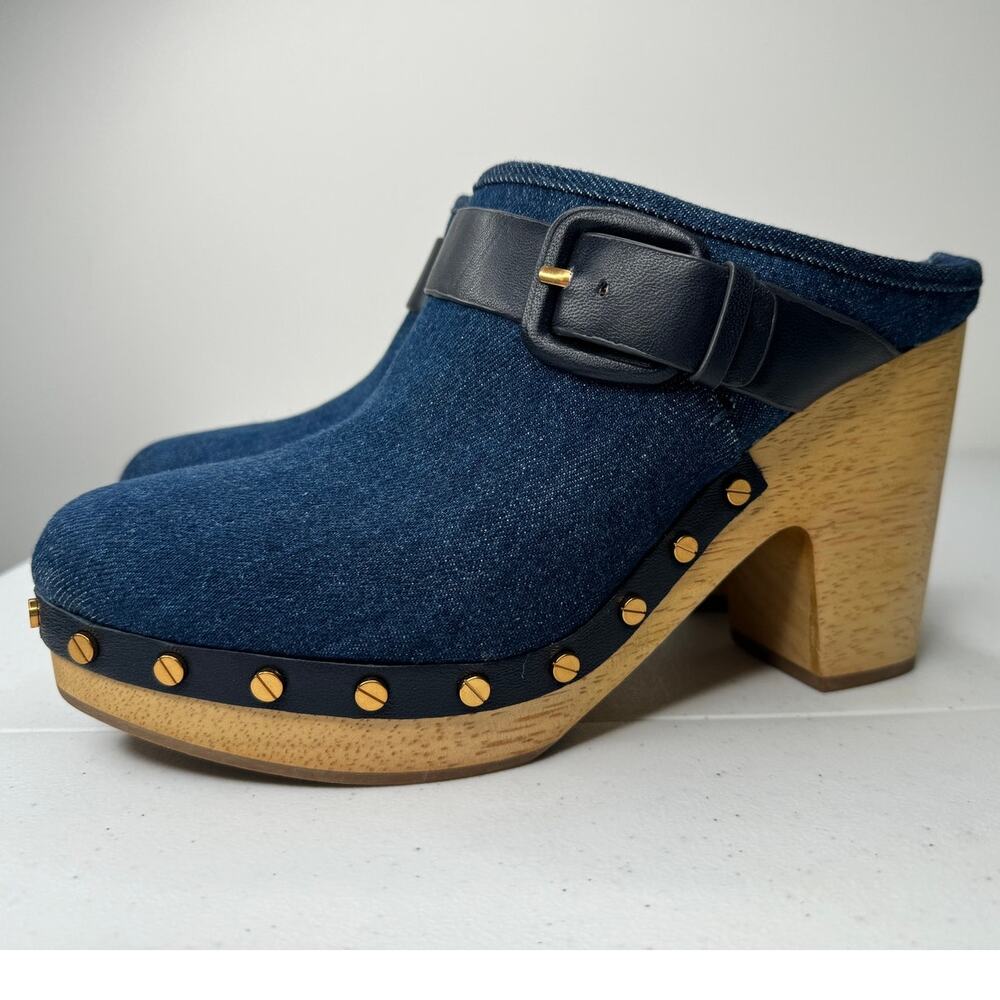 BRAND NEW Veronica Beard Dacey Denim Blue Heeled Wood Mule, Size 9.5